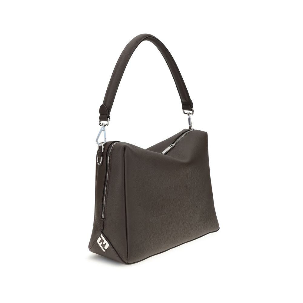 Fendi Brown Calf Leather Bos Taurus Shoulder Bag with FF metal accents and long double-slider zipper