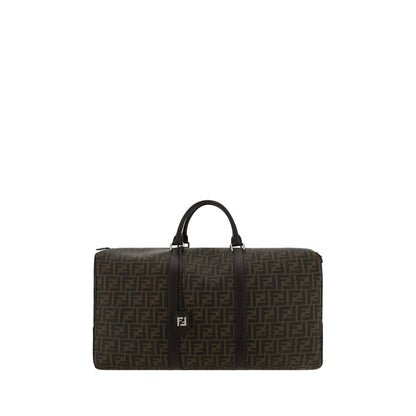 Fendi Brown Canvas Luggage And Travel Boston Travel Bag with FF monogram, leather handles, and adjustable strap. AW25, 55x55x25 dimensions.