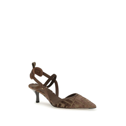 Fendi Brown Fabric Mid Heel Pumps with slingback design and FF monogram print, showcasing a sleek and modern aesthetic.