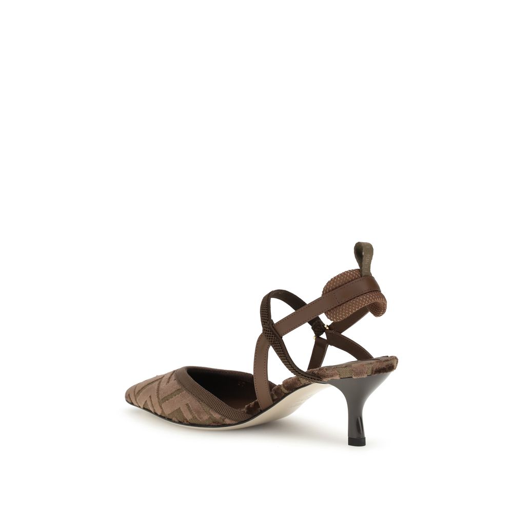 Fendi Brown Fabric Mid Heel Pumps featuring slingback design with elasticized straps and iconic FF monogram, viewed from back angle.