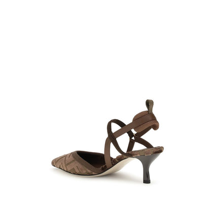 Fendi Brown Fabric Mid Heel Pumps featuring slingback design with elasticized straps and iconic FF monogram, viewed from back angle.