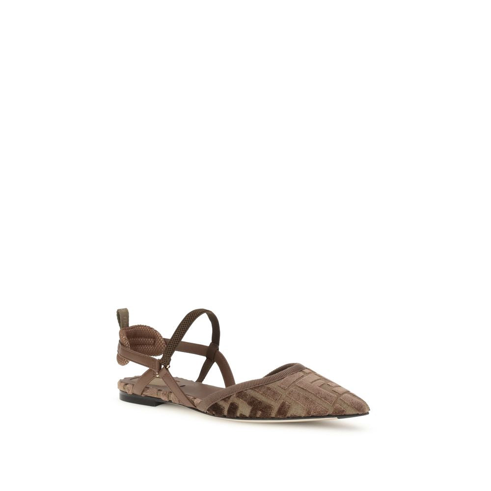 Fendi Brown Polyamide Ballet Flats with FF motif embroidery, elastic ribbons, padded cushioning, and rubber grip sole.
