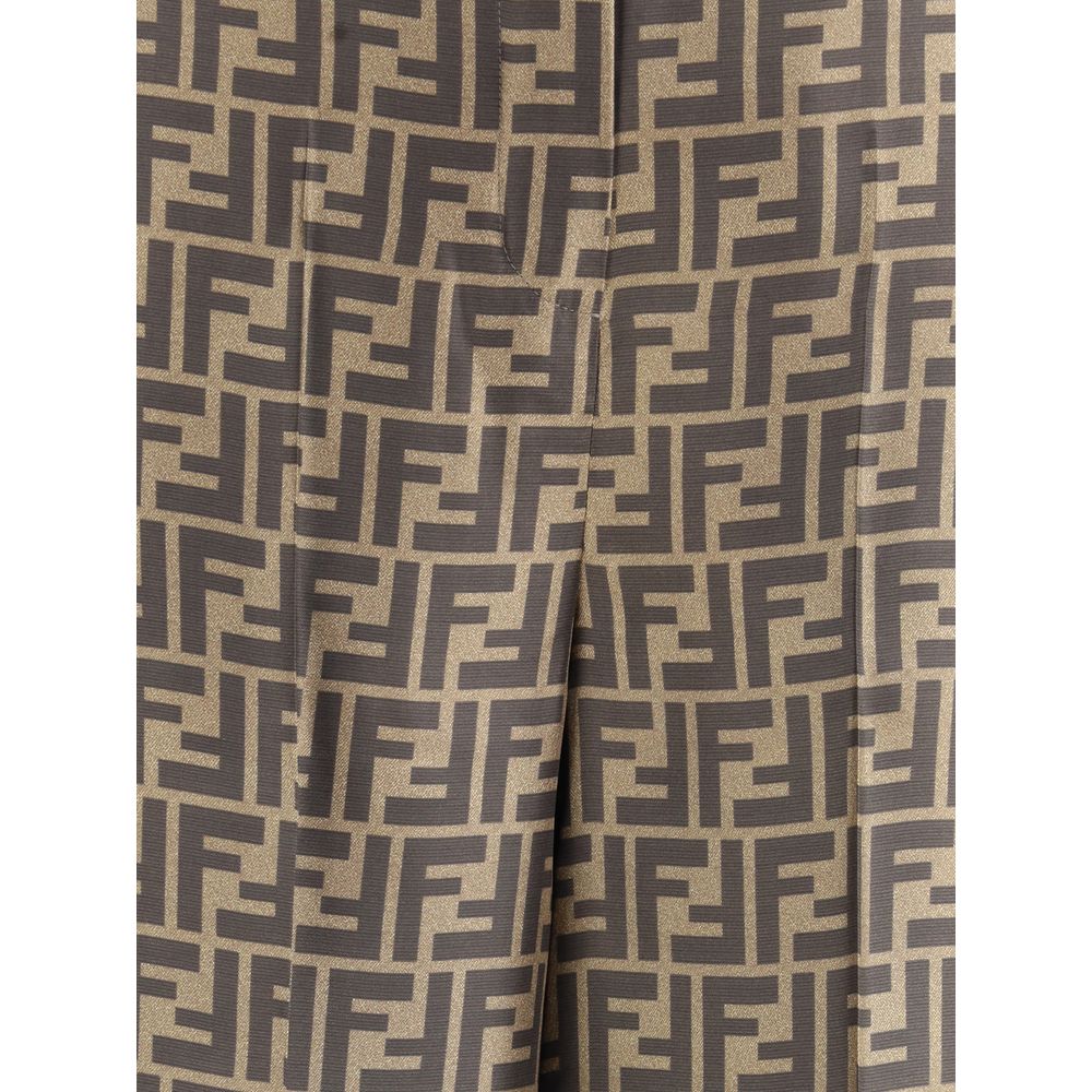 Close-up of Fendi Brown Silk Casual Pants with FF monogram design, made of fine silk.