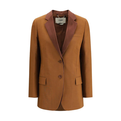 Fendi Brown Wool Blazer with satin lapels, single-breasted button closure, breast pocket, and front flap pockets for refined style.