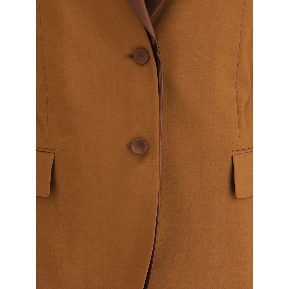Fendi Brown Wool Blazer with satin lapels, single-breasted button closure, and front flap pockets, crafted from wool and mohair.