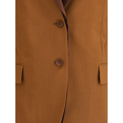 Fendi Brown Wool Blazer with satin lapels, single-breasted button closure, and front flap pockets, crafted from wool and mohair.