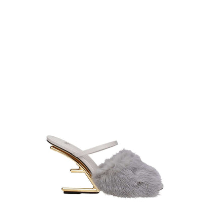 Fendi Gray Mink Slippers with open toe, side logo, high heel, and leather sole in light grey, casual style.