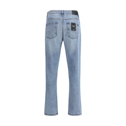 Fendi Light Blue Cotton Straight-Leg Jeans showcasing a back view with a classic 5-pocket design and logo detail.