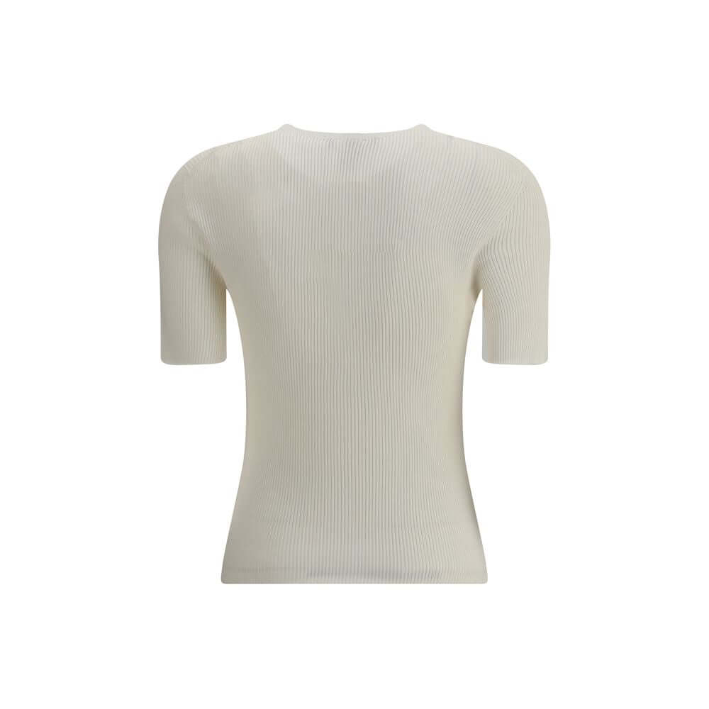 Back view of Fendi White Silk T-Shirt with ribbed knit and short sleeves, showcasing an elegant and sophisticated design.