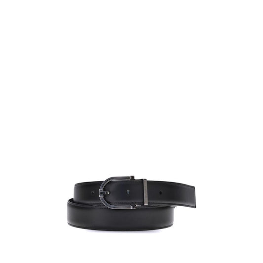 Ferragamo Black Calf Leather Bos Taurus Belt with reversible two-tone design and geometric buckle.
