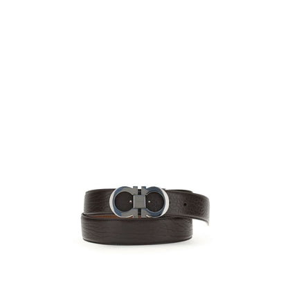 Alt Tag: Ferragamo Brown Leather Regular Belt with reversible design, ruthenium buckle, and signature plaque for AW25 season elegance.