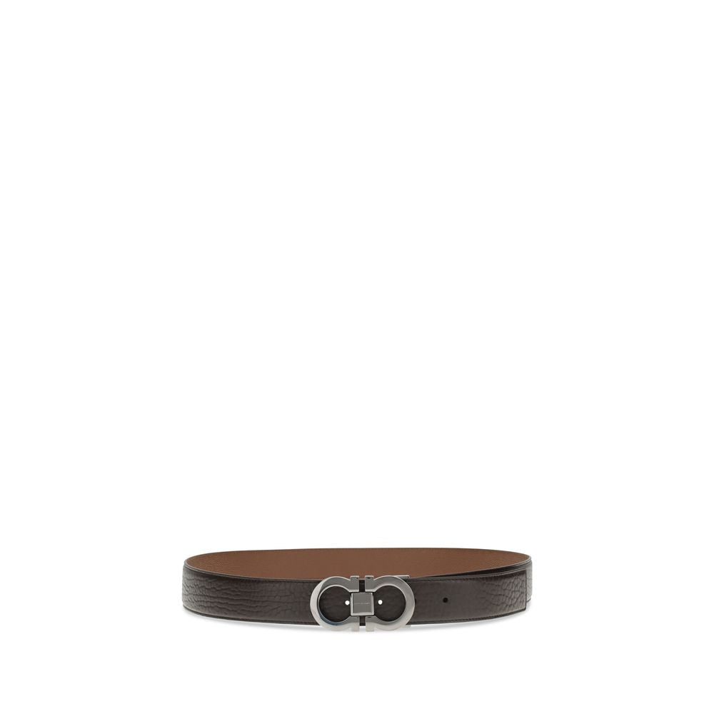 Ferragamo Brown Leather Regular Belt with ruthenium-finish buckle and stitched rod design for versatile elegance and tailored fit.