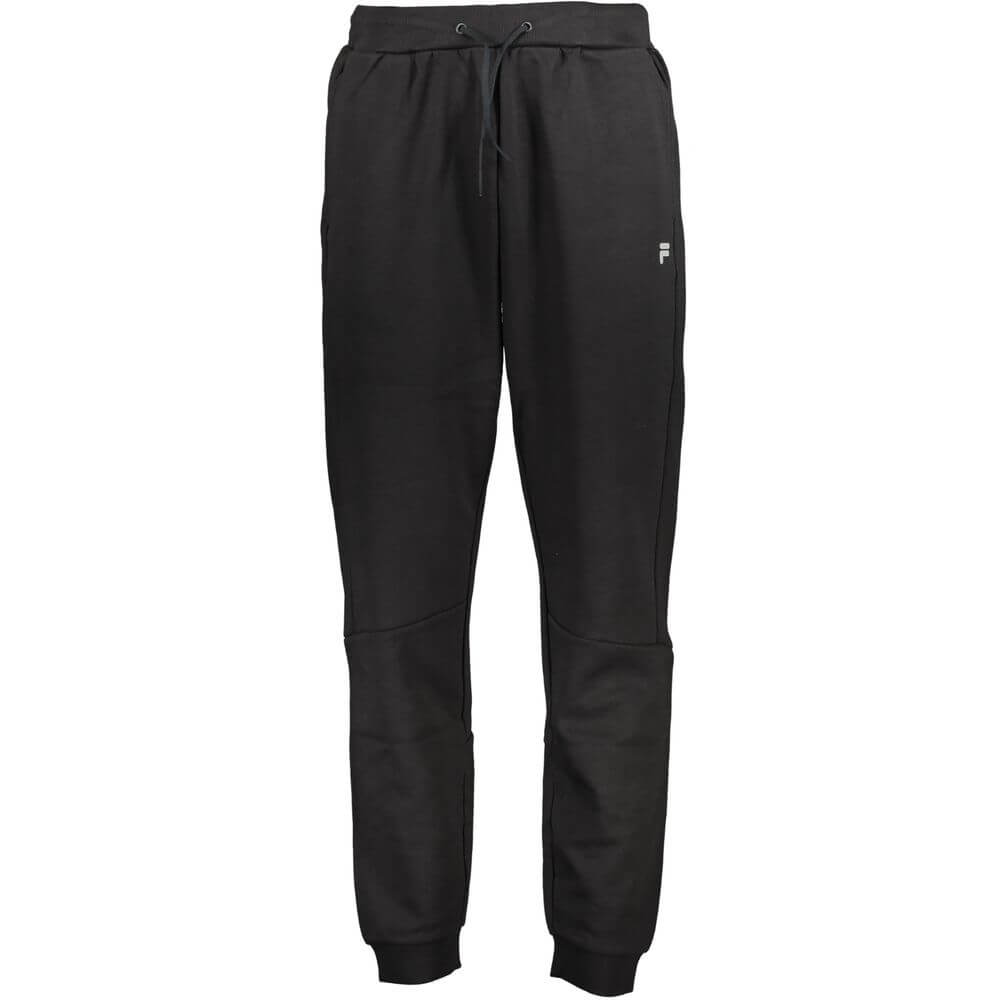 Fila Black Cotton Pant, featuring sports trousers with elastic waist laces, two pockets, ankle cuffs, and printed logo.
