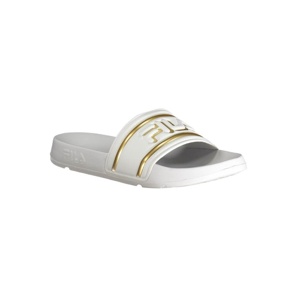 Fila White Polyethylene Sandal with contrasting gold logo details, ideal for casual wear. Stylish and comfortable footwear choice.