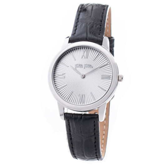 Folli Follie Black Leather Dress Watch with silver stainless steel case, white dial, and black leather strap, quartz mechanism, analog display.