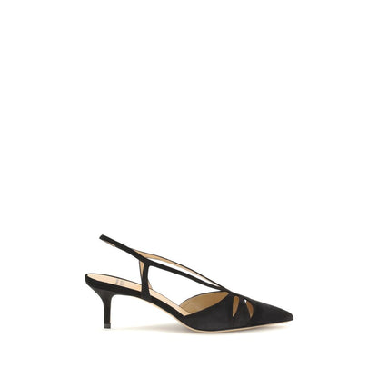 Francesco Russo Black Calf Leather Bos Taurus Mid Heel Pumps with almond toe and cut-out details, elegant suede slingbacks.