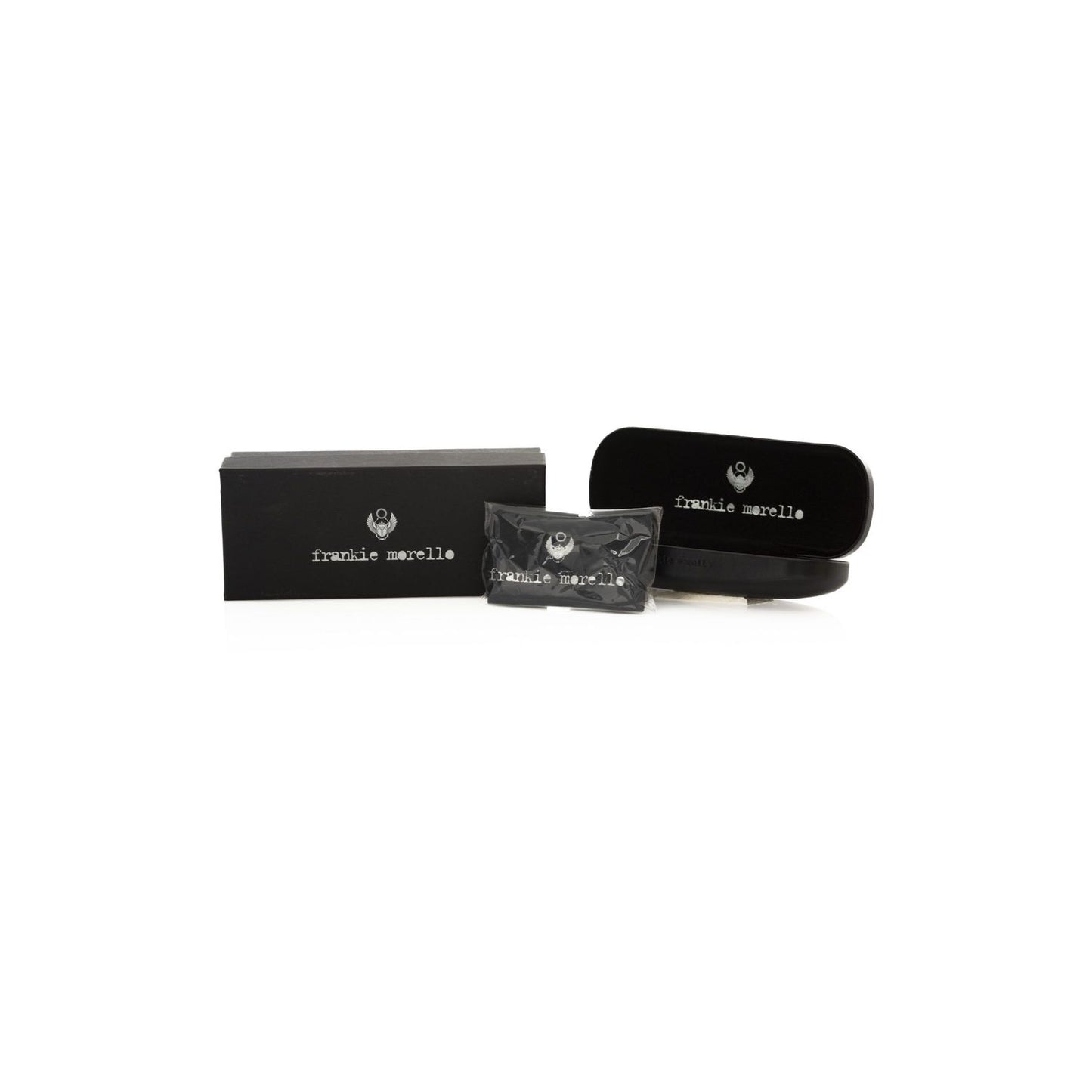 Packaging for Frankie Morello Silver Metallic Unisex Eyeglass Frame with branded box and case.