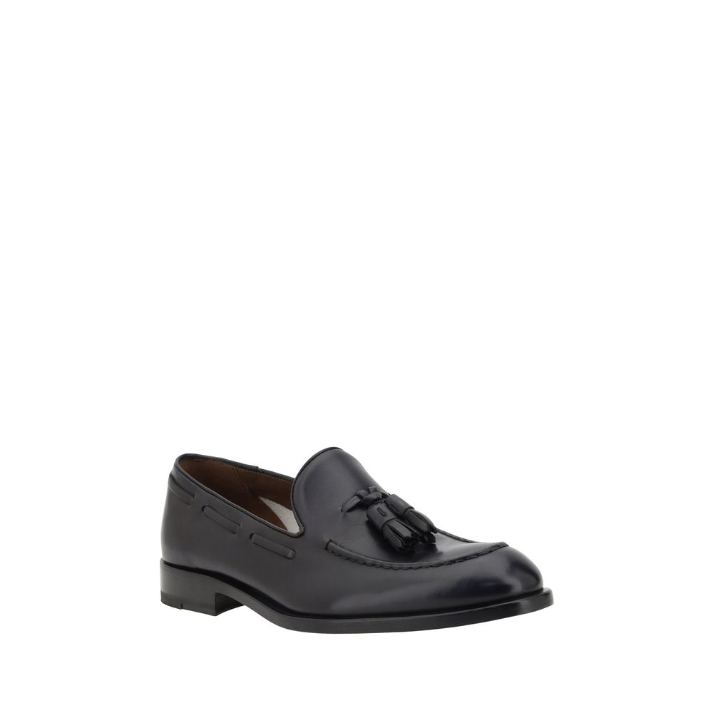 Fratelli Rossetti Black Calf Leather Bos Taurus Slip-On Loafers with tassels, elegant almond toe, and leather block heel for SS25.