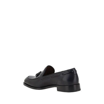 Fratelli Rossetti Black Calf Leather Bos Taurus Slip-On Loafers with tassels and leather block heel, side view