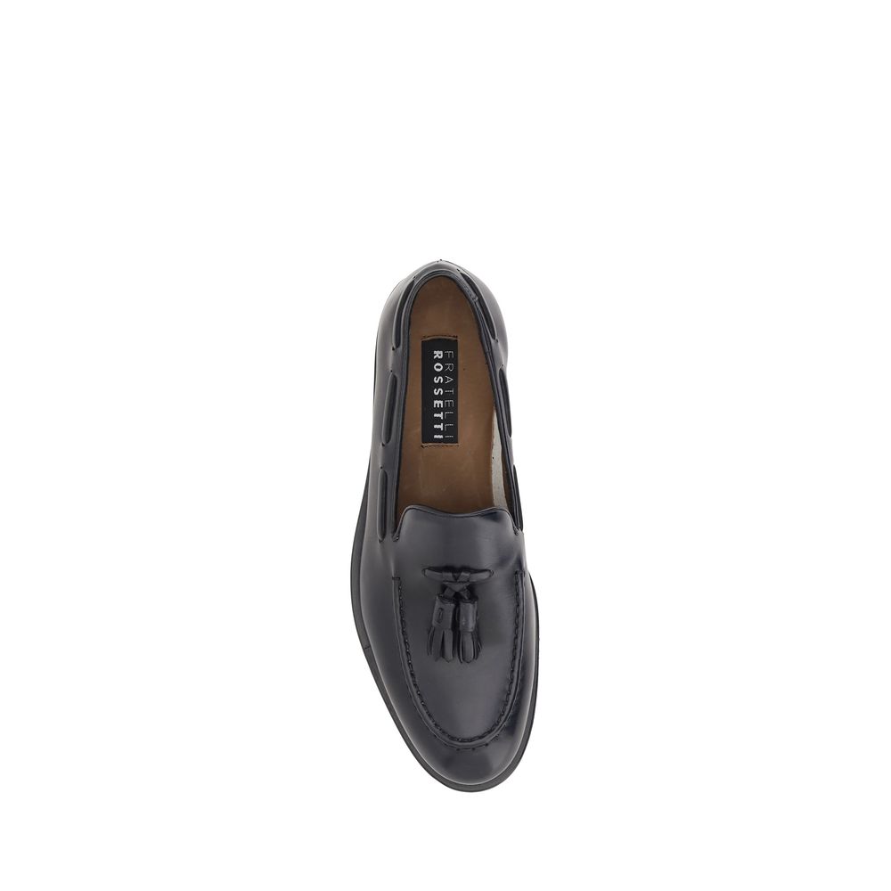 Fratelli Rossetti Black Calf Leather Bos Taurus Slip-On Loafers with tassels and logoed insole, elegant almond toe design.