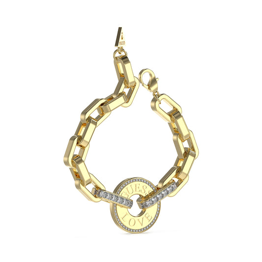 GUESS JEWELS JEWELRY Mod. JUBB04076JWYGS gold chain bracelet with round charm on white background.