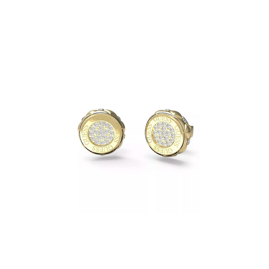 GUESS JEWELS JEWELRY Mod. JUBE04595JWYGT-U gold stud earrings with crystal accents on white background