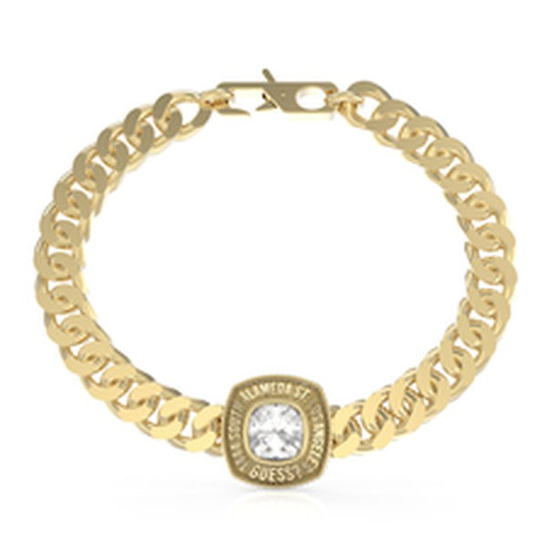 GUESS JEWELS JEWELRY Mod. JUMB01373JWYGS gold bracelet with a decorative clasp and clear stone accent.