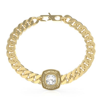 GUESS JEWELS JEWELRY Mod. JUMB01373JWYGS gold bracelet with a decorative clasp and clear stone accent.