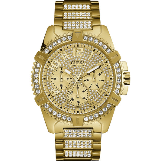 Luxury GUESS Mod. FRONTIER watch in gold with crystal embellishments and intricate detailing.