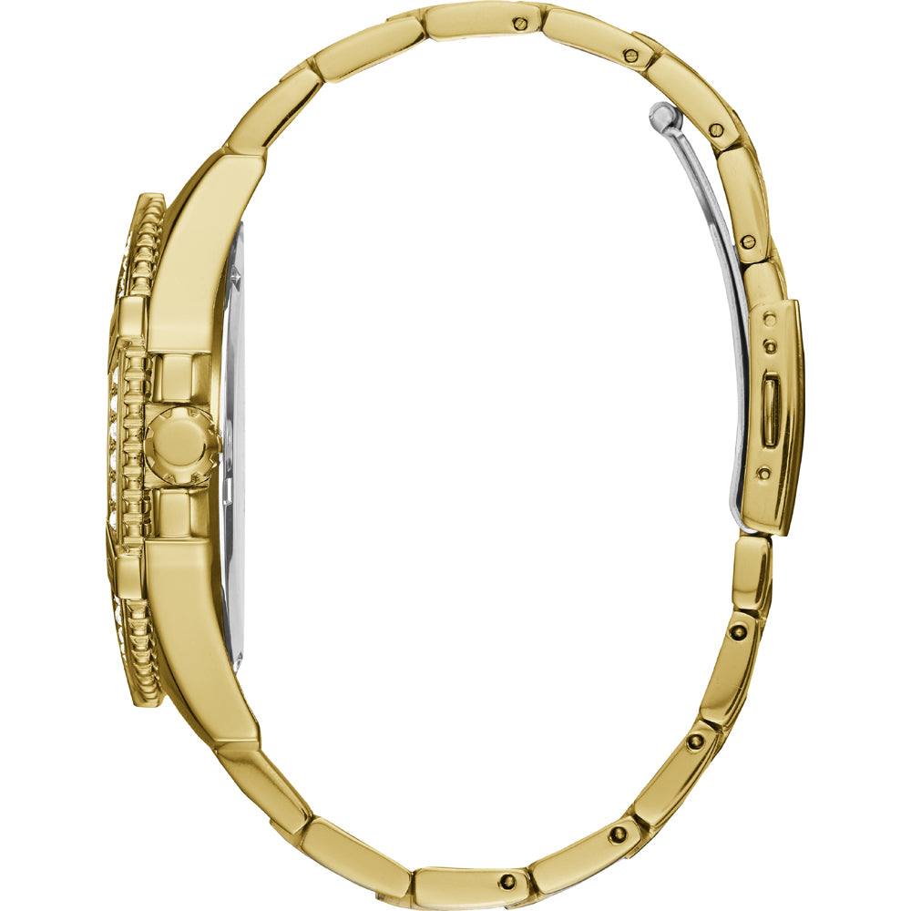Side view of GUESS Mod. FRONTIER luxury gold watch with detailed bezel and clasp.