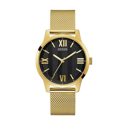 Alt Tag: GUESS Mod. GW0214G2 gold watch with black mineral dial, quartz analog movement, 5 ATM water resistance, 42 mm case for gents