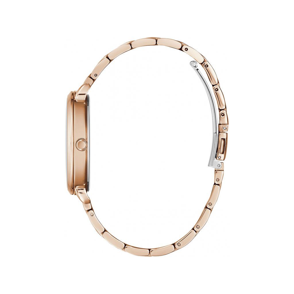 Side view of GUESS Mod. GW0242L3 silver 925° quartz analog watch with mineral dial, 3 ATM water resistance, and 38 mm case.