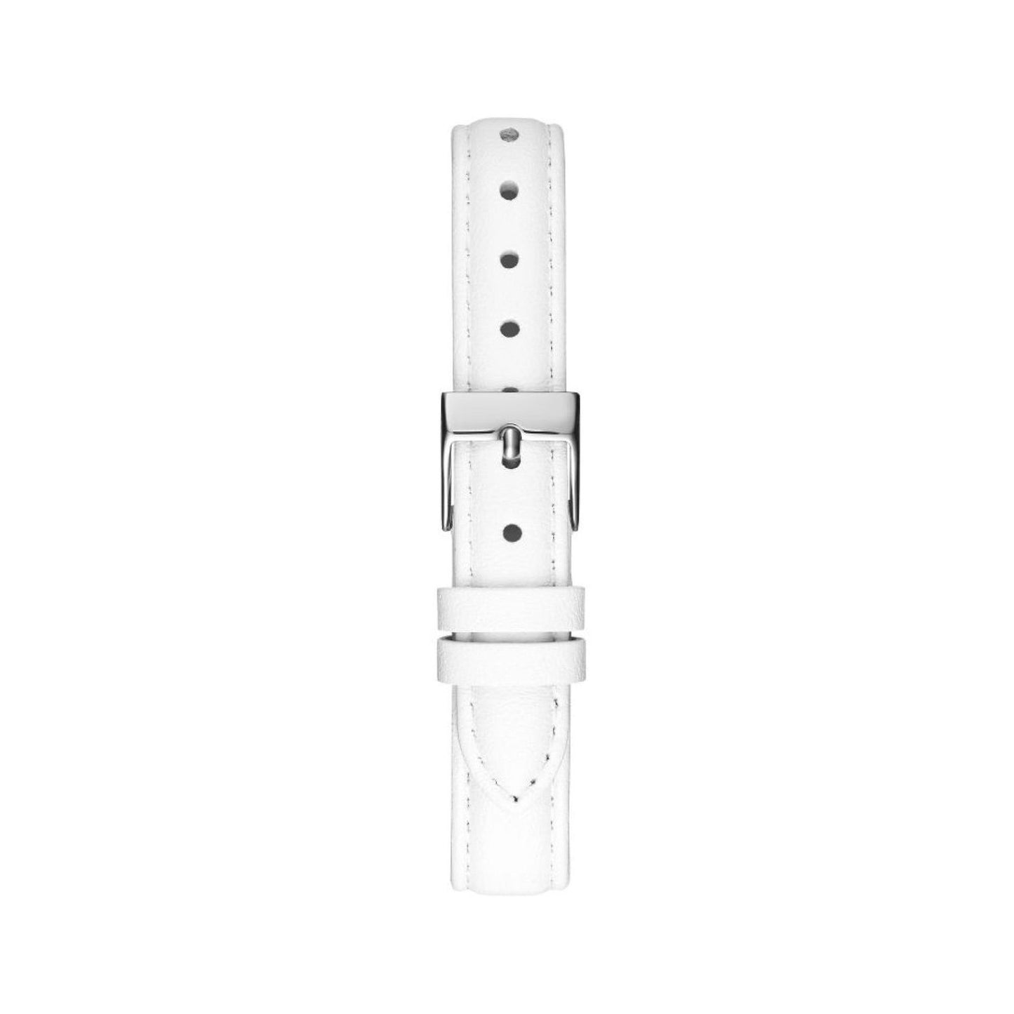 White leather watch strap with silver buckle, compatible with various watch models, featuring multiple adjustment holes for perfect fit.