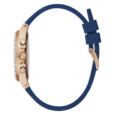 Side view of a watch with blue strap and rose gold-toned case featuring GUESS Mod. GW0257L3 design for ladies.