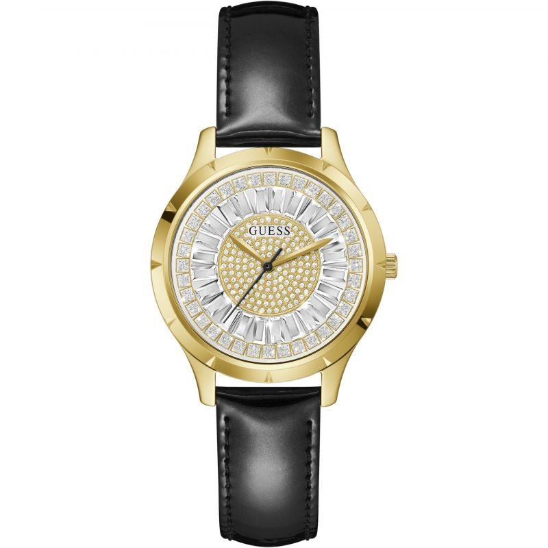 Gold analog watch with black leather strap, featuring a detailed crystal bezel and dial. Ideal for elegant occasions. GUESS branding.