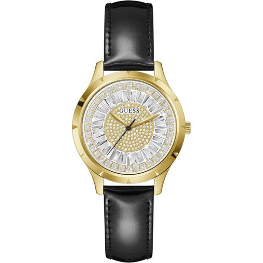Gold analog watch with black leather strap, featuring a detailed crystal bezel and dial. Ideal for elegant occasions. GUESS branding.