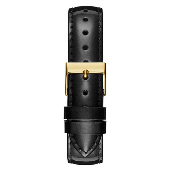 Close-up of a black leather watch strap with gold buckle on white background