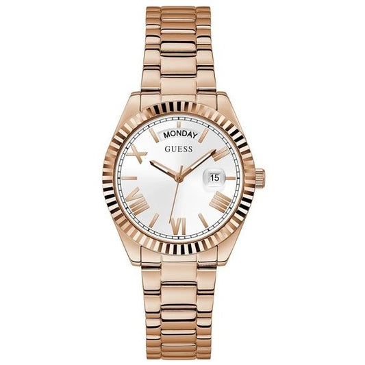 Rose gold quartz analog watch with date function, featuring silver mineral dial and water resistance, GUESS Mod. GW0308L3.