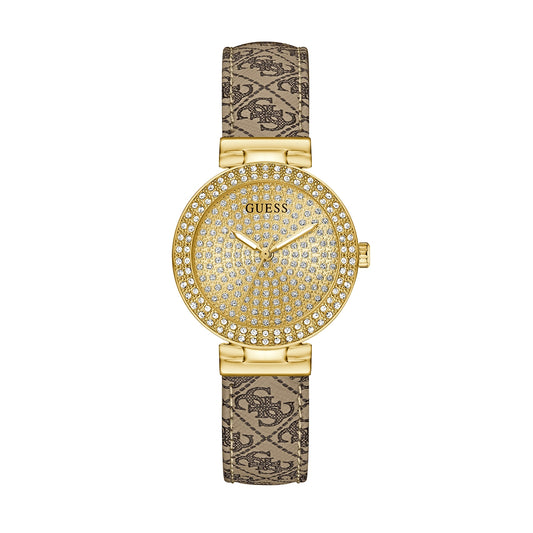 GUESS Mod. IVY 32 gold watch with crystal-studded dial and patterned strap, luxury fashion accessory