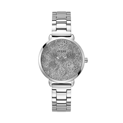 GUESS Mod. SUGARPLUM silver analog watch with glittering dial and stainless steel band.