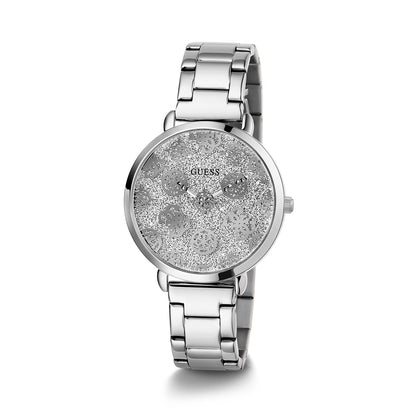 Stylish GUESS Mod. SUGARPLUM watch with silver-tone stainless steel bracelet and shimmering dial.