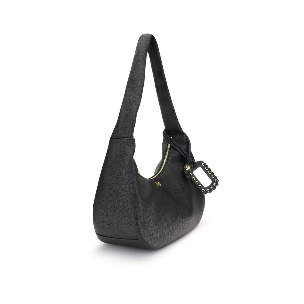 Ganni Black Recycled Polyester Shoulder Bag with gold-tone logo and dice charm, featuring a practical shoulder strap and zippered closure.