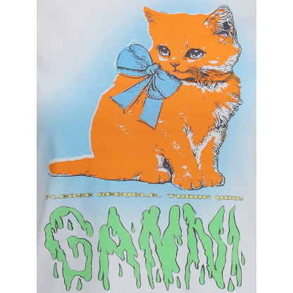 Ganni Multicolor Cotton T-Shirt with kitten print, round neckline, three-quarter sleeves, "Have a nice day! Please recycle!" text.
