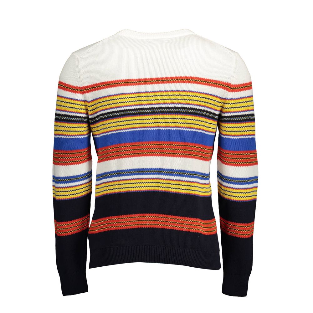Back view of a colorfully striped sweater with long sleeves