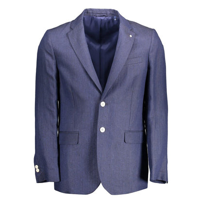 Gant Blue Linen Men Jacket with long sleeves and two-button closure, ideal for elegant casual wear.