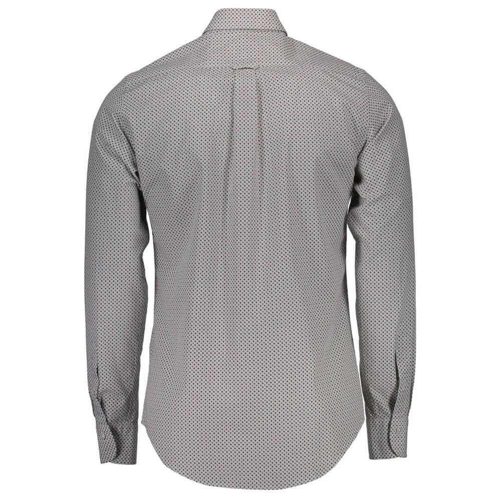 Back view of men's patterned long sleeve shirt with collar and cuffs