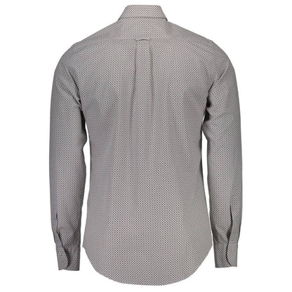 Back view of men's patterned long sleeve shirt with collar and cuffs