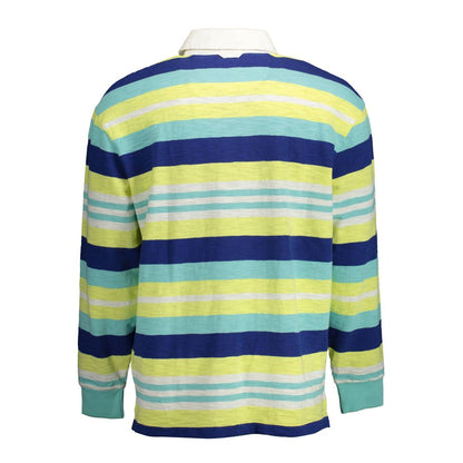Back view of a colorful striped long sleeve polo shirt with yellow, green, and blue hues on a white background.