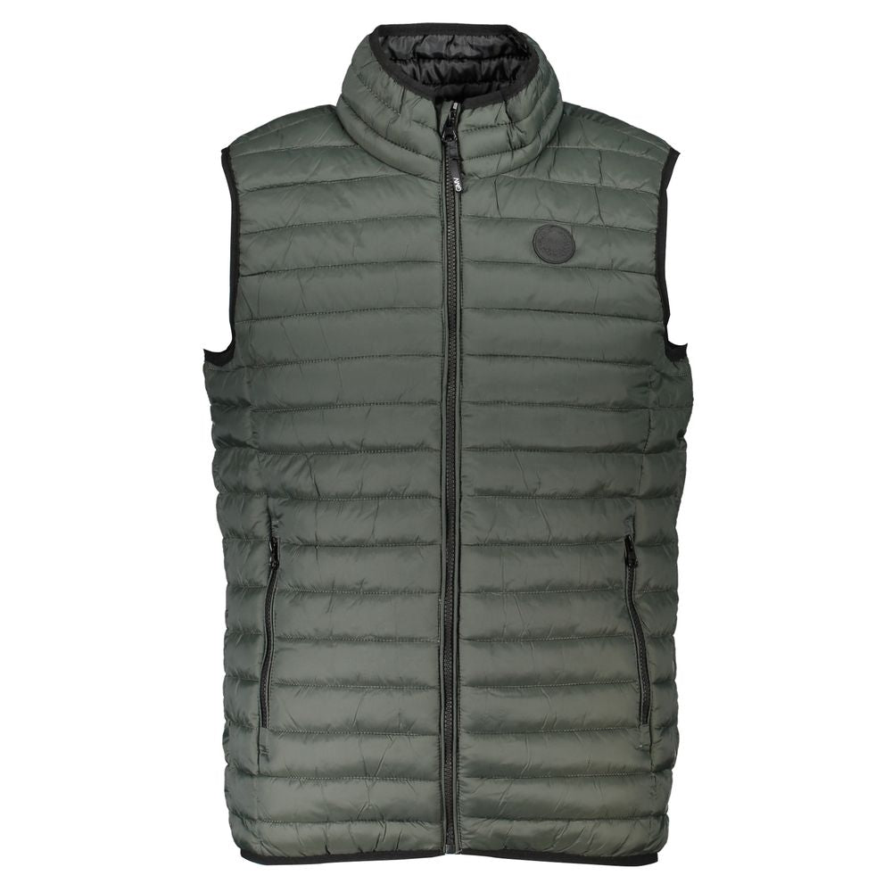 Gianmarco Venturi Green Polyamide Sleeveless Jacket with zip closure and logo, featuring two external pockets.