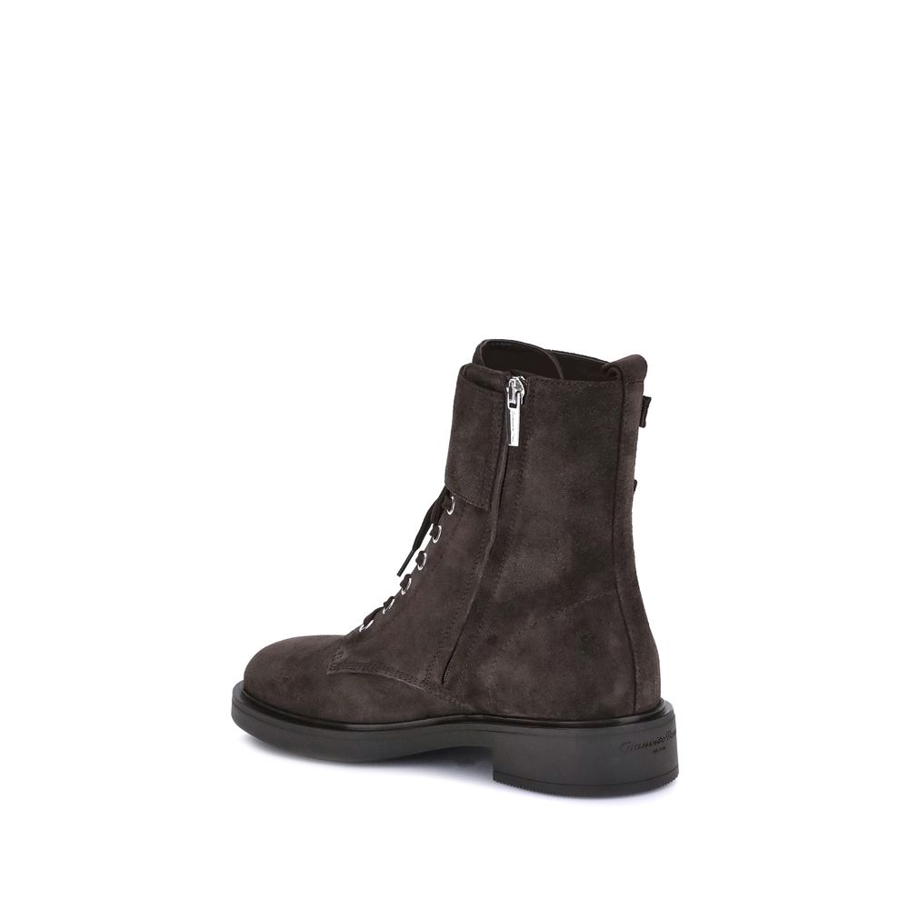 Gianvito Rossi Black Calf Leather Bos Taurus Lace-Up Boots with side zipper and block heel, showcasing sophisticated style and comfort.